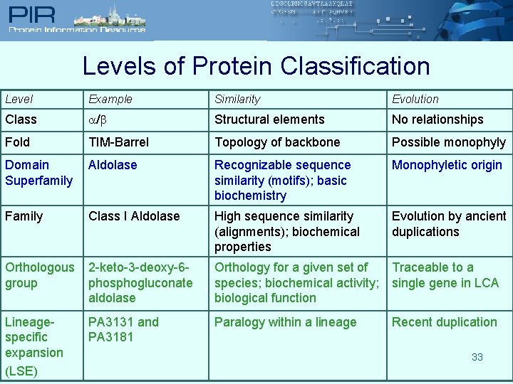 Levels of Protein Classification Level Example Similarity Evolution Class / Structural elements No relationships