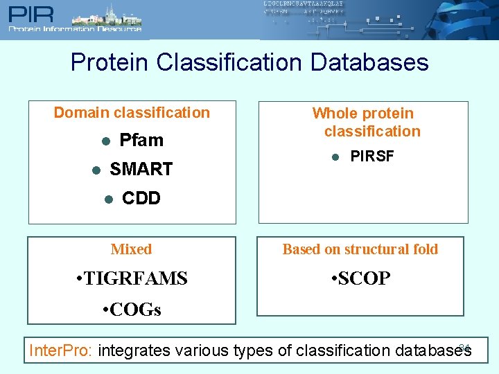 Protein Classification Databases Domain classification Pfam l l SMART l Whole protein classification l