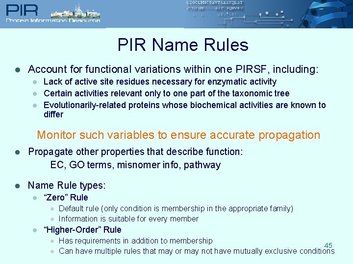 PIR Name Rules l Account for functional variations within one PIRSF, including: l l