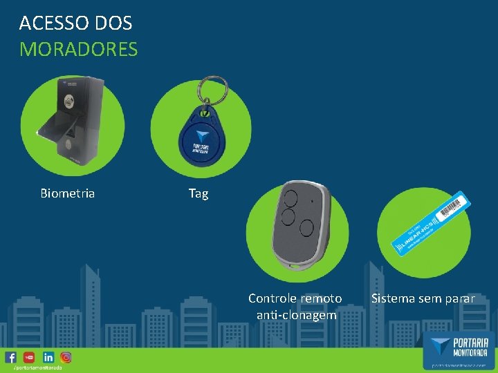 ACESSO DOS MORADORES Biometria Tag Controle remoto anti-clonagem Sistema sem parar 