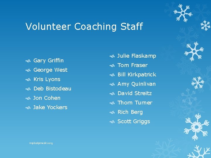 Volunteer Coaching Staff Gary Griffin George West Kris Lyons Deb Bistodeau Jon Cohen Jake