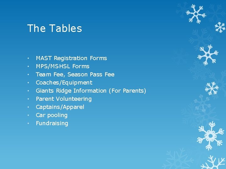 The Tables • • • MAST Registration Forms MPS/MSHSL Forms Team Fee, Season Pass