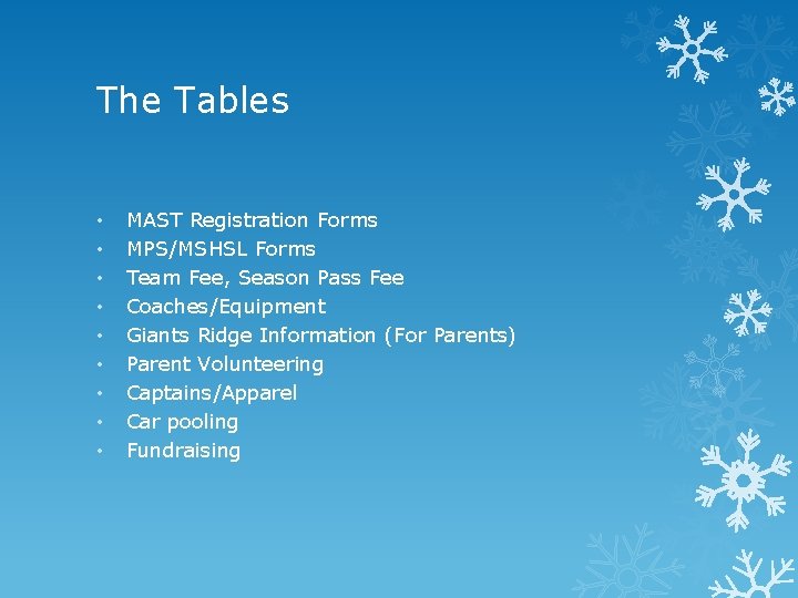 The Tables • • • MAST Registration Forms MPS/MSHSL Forms Team Fee, Season Pass