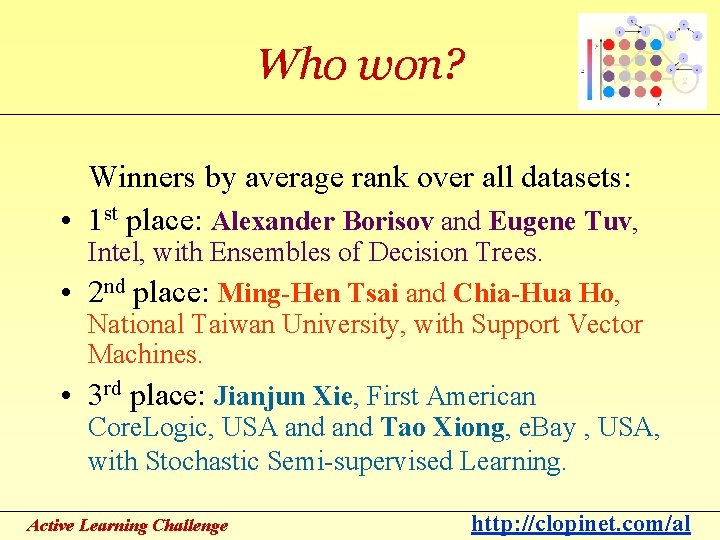 Who won? Winners by average rank over all datasets: • 1 st place: Alexander