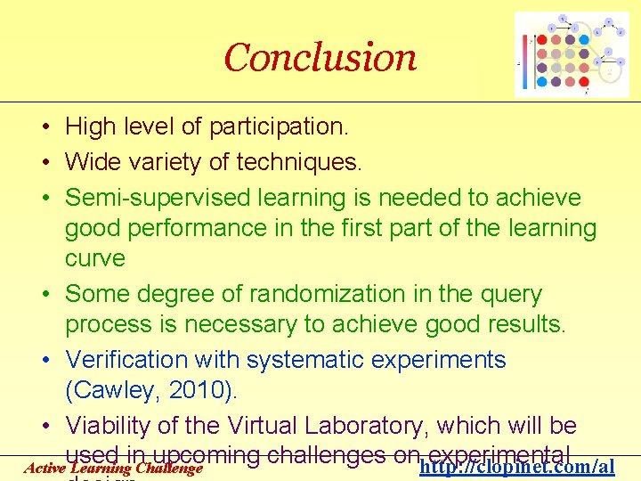 Conclusion • High level of participation. • Wide variety of techniques. • Semi-supervised learning