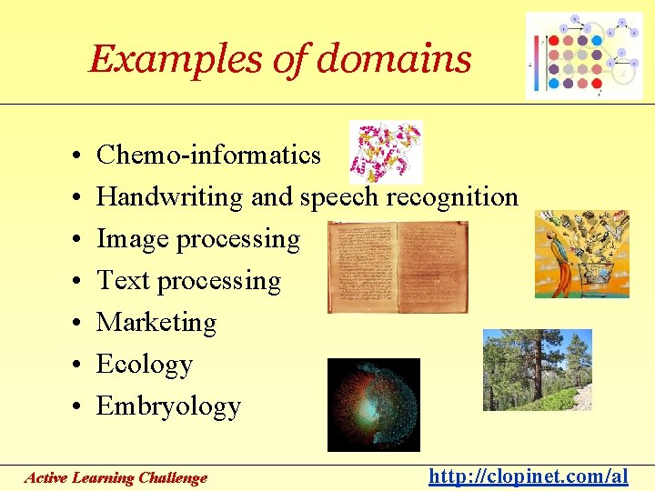 Examples of domains • • Chemo-informatics Handwriting and speech recognition Image processing Text processing