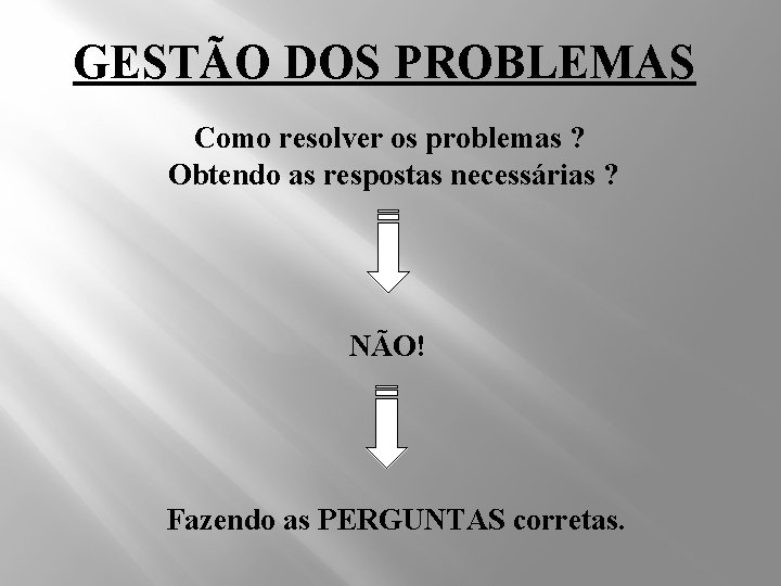 GESTÃO DOS PROBLEMAS Como resolver os problemas ? Obtendo as respostas necessárias ? NÃO!