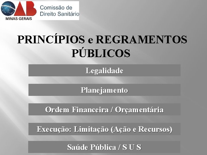 PRINCÍPIOS e REGRAMENTOS PÚBLICOS Legalidade Planejamento Ordem Financeira / Orçamentária Execução: Limitação (Ação e