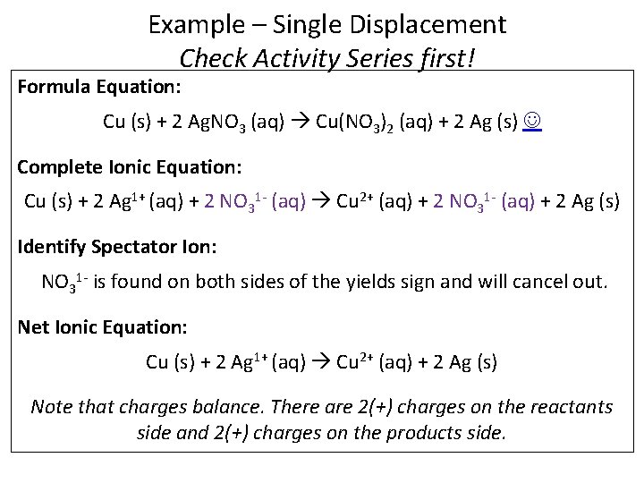 Example – Single Displacement Check Activity Series first! Formula Equation: Cu (s) + 2