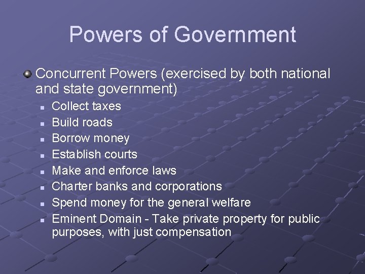 Powers of Government Concurrent Powers (exercised by both national and state government) n n