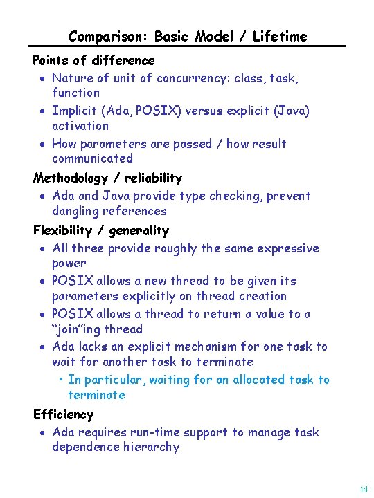 Comparison: Basic Model / Lifetime Points of difference · Nature of unit of concurrency: