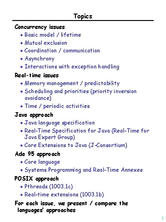 Topics Concurrency issues · Basic model / lifetime · Mutual exclusion · Coordination /