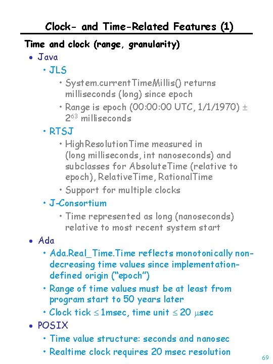 Clock- and Time-Related Features (1) Time and clock (range, granularity) · Java • JLS