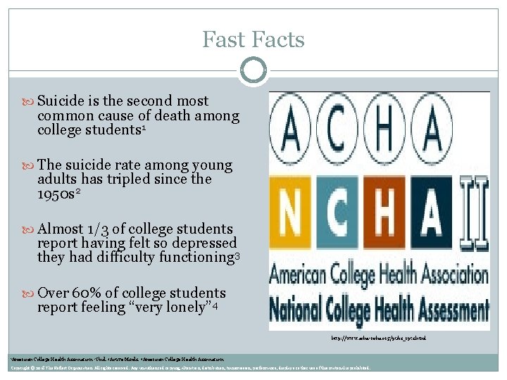 Fast Facts Suicide is the second most common cause of death among college students