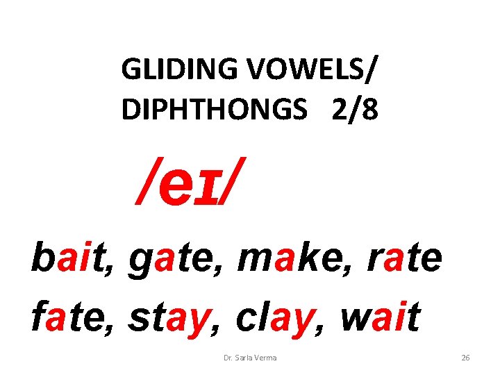 GLIDING VOWELS/ DIPHTHONGS 2/8 /eɪ/ bait, gate, make, rate fate, stay, clay, wait Dr. GLIDING VOWELS/ DIPHTHONGS 2/8 /eɪ/ bait, gate, make, rate fate, stay, clay, wait Dr.