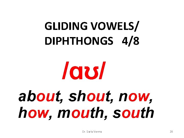 GLIDING VOWELS/ DIPHTHONGS 4/8 /ɑʊ/ about, shout, now, how, mouth, south Dr. Sarla Verma GLIDING VOWELS/ DIPHTHONGS 4/8 /ɑʊ/ about, shout, now, how, mouth, south Dr. Sarla Verma