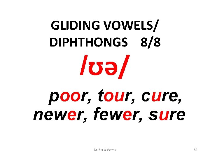 GLIDING VOWELS/ DIPHTHONGS 8/8 /ʊə/ poor, tour, cure, newer, fewer, sure Dr. Sarla Verma GLIDING VOWELS/ DIPHTHONGS 8/8 /ʊə/ poor, tour, cure, newer, fewer, sure Dr. Sarla Verma