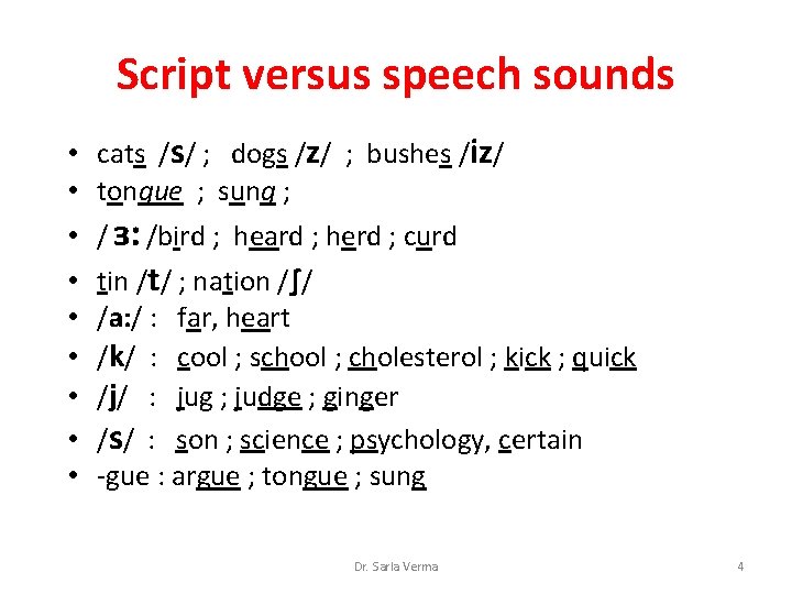 Script versus speech sounds • cats /s/ ; dogs /z/ ; bushes /iz/ • Script versus speech sounds • cats /s/ ; dogs /z/ ; bushes /iz/ •