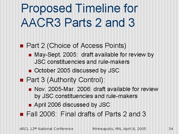 Proposed Timeline for AACR 3 Parts 2 and 3 n Part 2 (Choice of