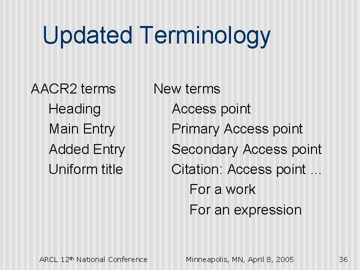 Updated Terminology AACR 2 terms Heading Main Entry Added Entry Uniform title ARCL 12