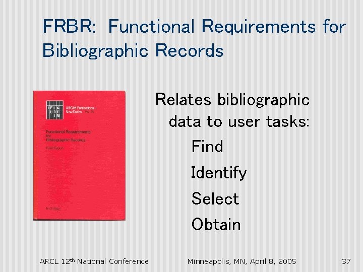 FRBR: Functional Requirements for Bibliographic Records Relates bibliographic data to user tasks: Find Identify
