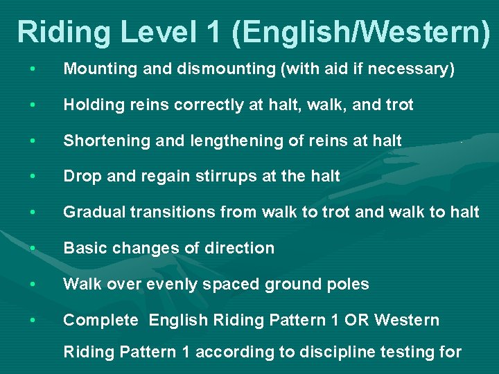 Riding Level 1 (English/Western) • Mounting and dismounting (with aid if necessary) • Holding