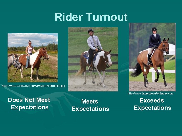 Rider Turnout http: //www. wiseways. com/images/bareback. jpg http: //www. horseshowsbythebay. com Does Not Meet