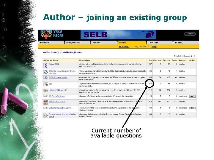 Author – joining an existing group Current number of available questions 