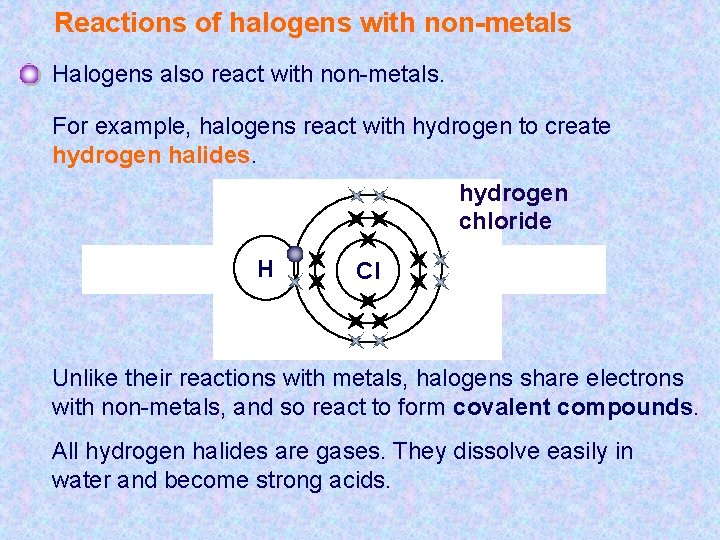 Reactions of halogens with non-metals Halogens also react with non-metals. For example, halogens react Reactions of halogens with non-metals Halogens also react with non-metals. For example, halogens react