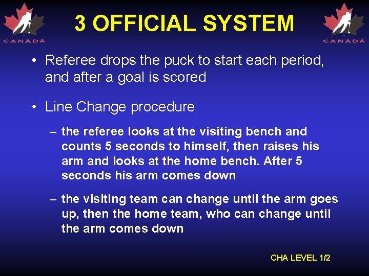 3 OFFICIAL SYSTEM • Referee drops the puck to start each period, and after