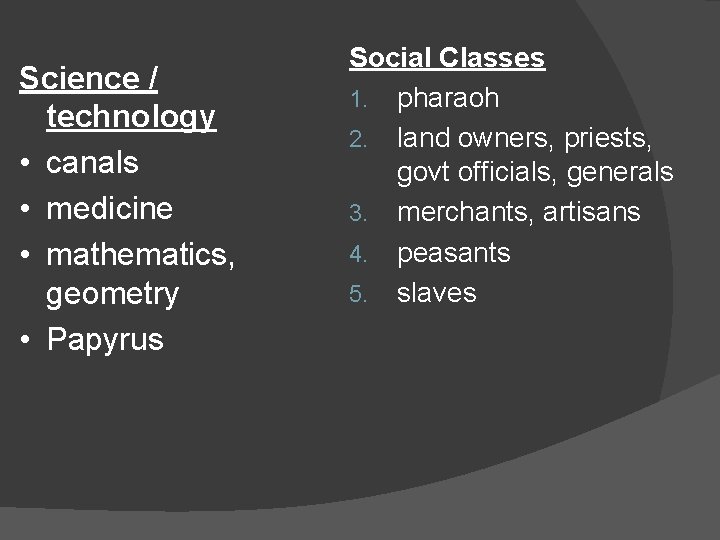 Science / technology • canals • medicine • mathematics, geometry • Papyrus Social Classes
