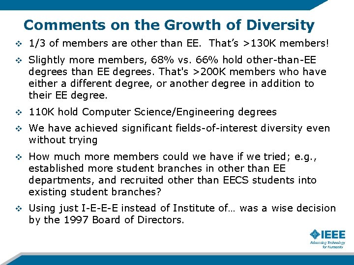Comments on the Growth of Diversity v 1/3 of members are other than EE.