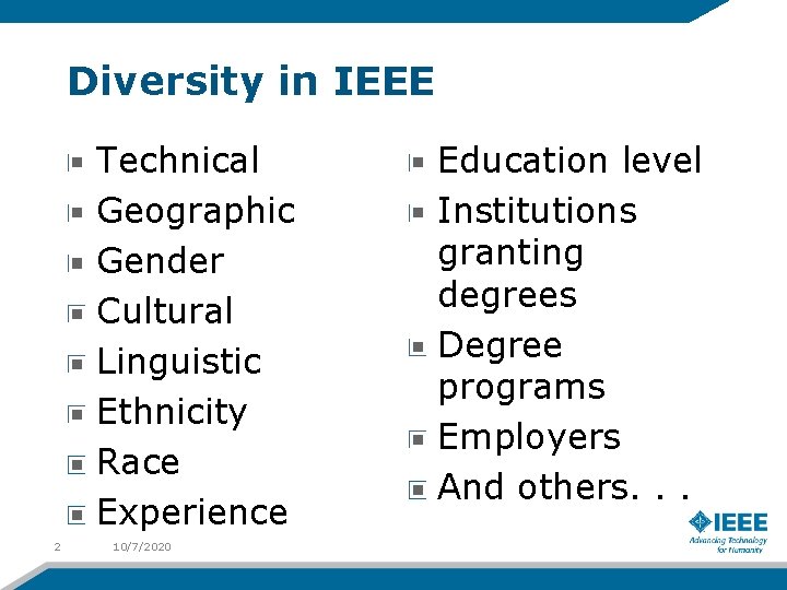 Diversity in IEEE Technical Geographic Gender Cultural Linguistic Ethnicity Race Experience 2 10/7/2020 Education