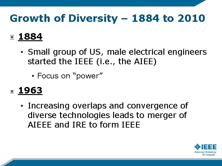 Growth of Diversity – 1884 to 2010 1884 • Small group of US, male