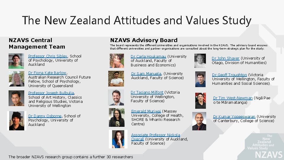 The New Zealand Attitudes and Values Study NZAVS Central Management Team NZAVS Advisory Board