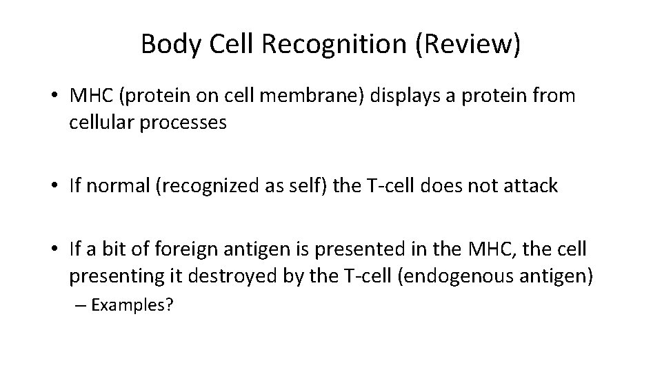 Body Cell Recognition (Review) • MHC (protein on cell membrane) displays a protein from