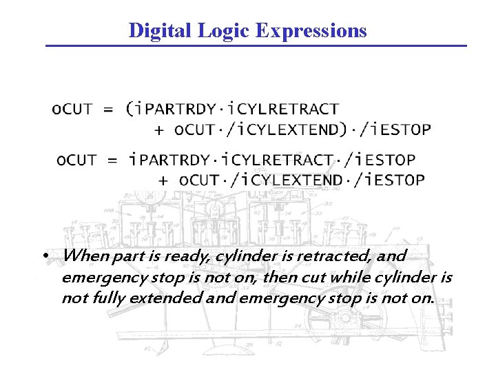 Digital Logic Expressions • When part is ready, cylinder is retracted, and emergency stop