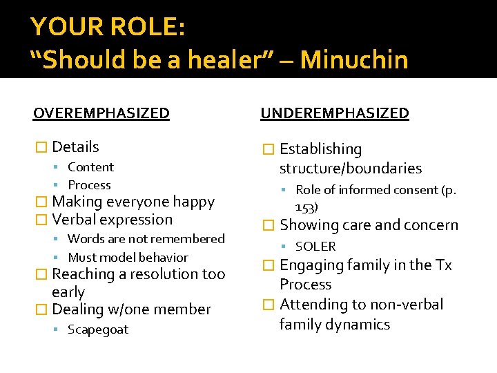 YOUR ROLE: “Should be a healer” – Minuchin OVEREMPHASIZED UNDEREMPHASIZED � Details Content Process
