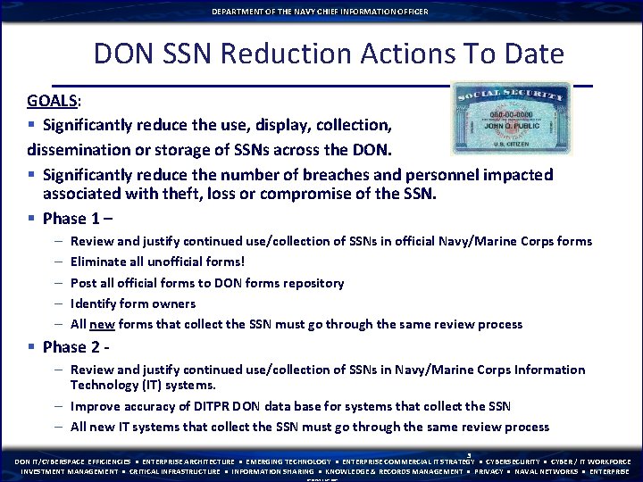 DEPARTMENT OF THE NAVY CHIEF INFORMATION OFFICER DON SSN Reduction Actions To Date GOALS: