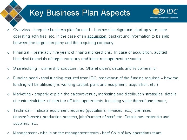 Key Business Plan Aspects o Overview - keep the business plan focused – business Key Business Plan Aspects o Overview - keep the business plan focused – business