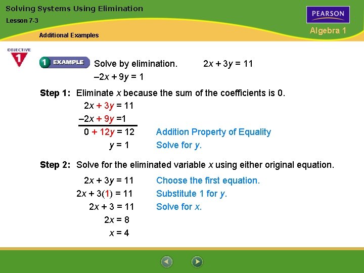 Solving Systems Using Elimination Lesson 7 -3 Algebra 1 Additional Examples Solve by elimination.