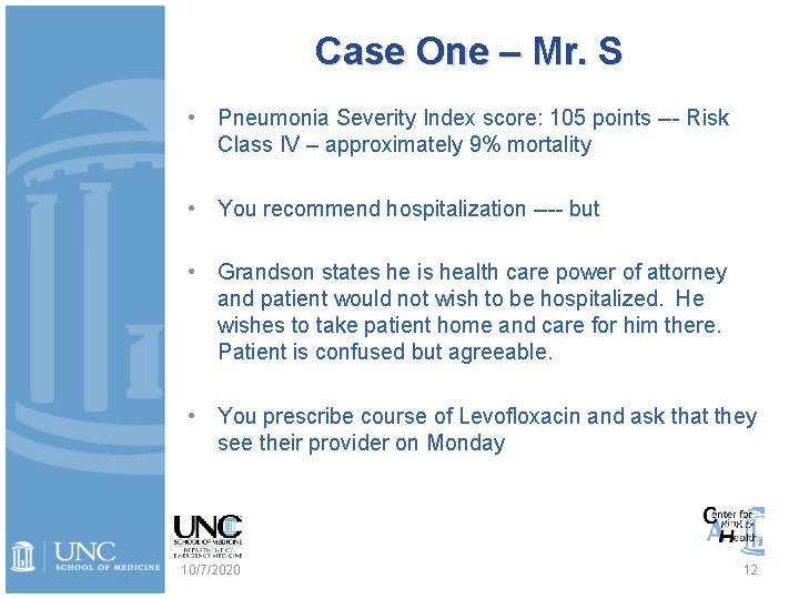 Case One – Mr. S • Pneumonia Severity Index score: 105 points --- Risk