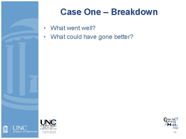 Case One – Breakdown • What went well? • What could have gone better?
