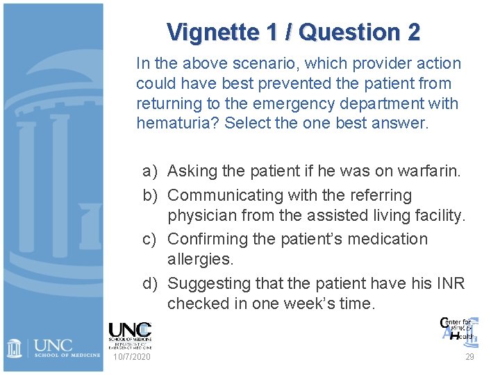 Vignette 1 / Question 2 In the above scenario, which provider action could have
