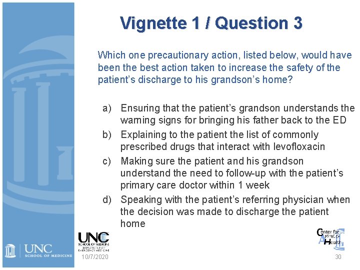 Vignette 1 / Question 3 Which one precautionary action, listed below, would have been