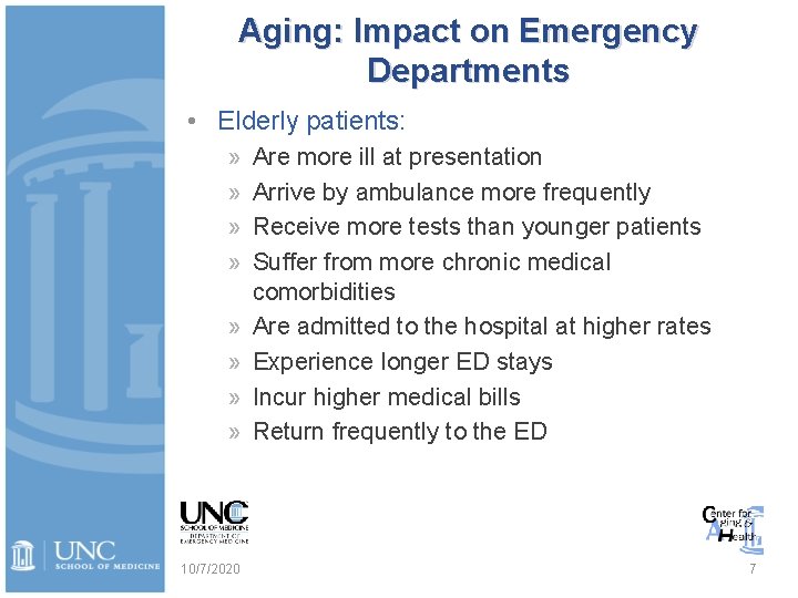 Aging: Impact on Emergency Departments • Elderly patients: » » » » 10/7/2020 Are