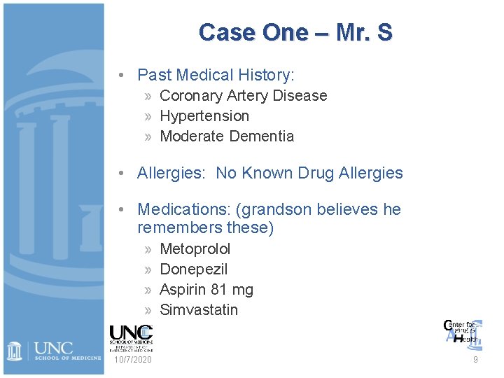 Case One – Mr. S • Past Medical History: » Coronary Artery Disease »