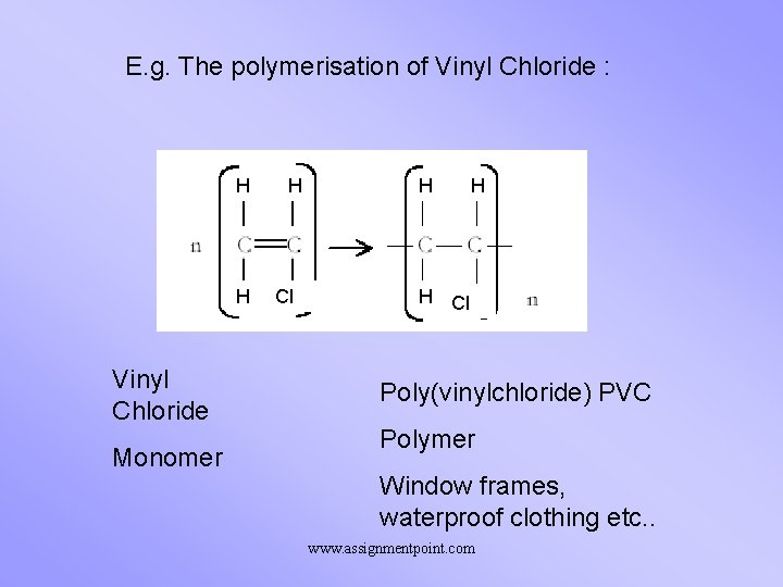 E. g. The polymerisation of Vinyl Chloride : H H Vinyl Chloride Monomer H