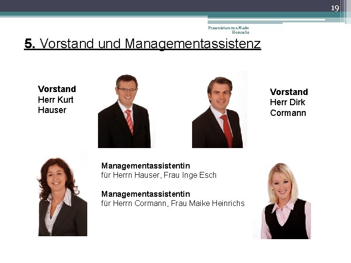 19 Präsentation von Maike Heinrichs 5. Vorstand und Managementassistenz Vorstand Herr Kurt Hauser Vorstand