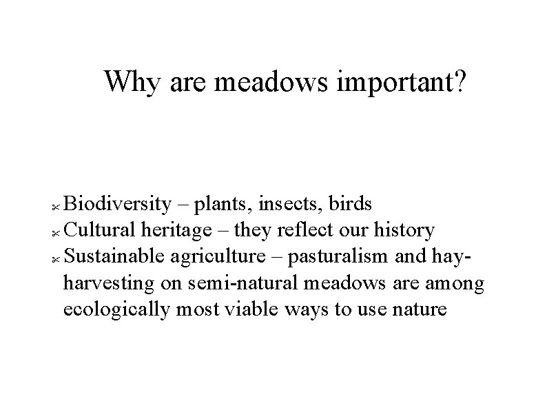 Why are meadows important? Biodiversity – plants, insects, birds Cultural heritage – they reflect